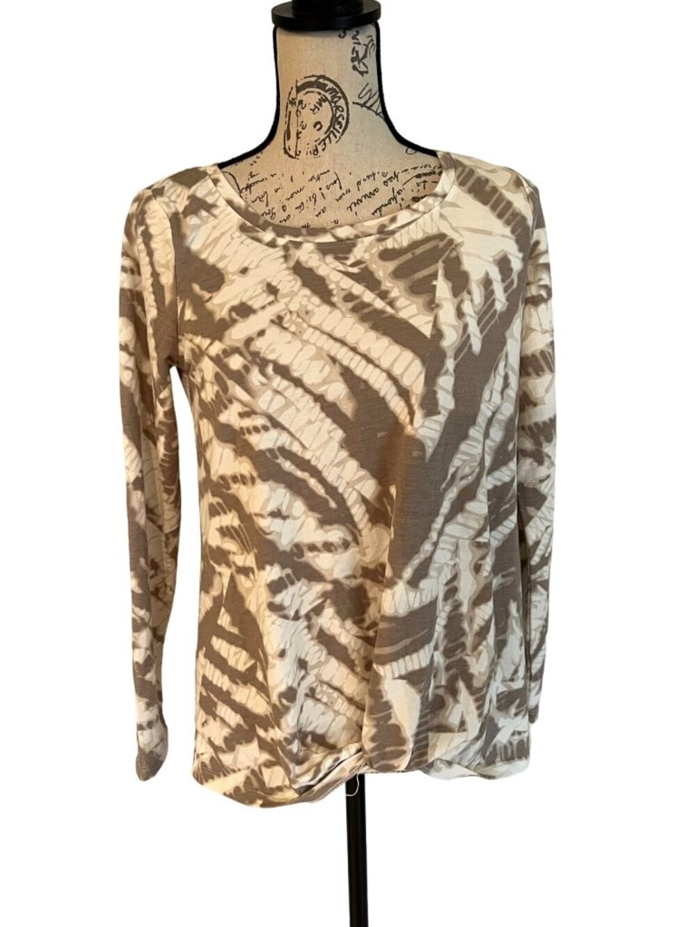 Rose + Olive Womens Taupe & Cream Abstract Print Long Sleeve Tunic Top S